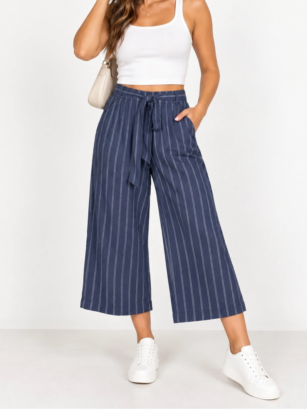 Wilfred Navy Pinstripe Wide-Leg Tie-Waist Cropped Pants